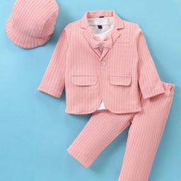 Robo Fry Cotton Blend Knit Full Sleeves Striped Blazer with T-Shirt & Trousers Set with Bow - Peach-picture-2