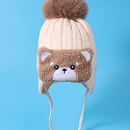 Babyhug Woollen Cap With Knot Bear Applique - Beige-image-30