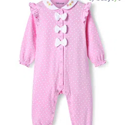 Babyoye Cotton Knit Full Sleeves Hearts Printed Front Open Romper with Bow Applique - Pink-picture-24