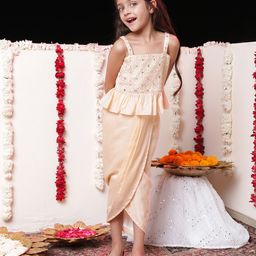 Vastramay Cotton Blend Sleeveless Embroidered Crop Top With Draped Skirt - Peach-image-15