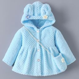 Kookie Kids Full Sleeves Front Open Hooded Fur Jacket With Floral Applique & Side Purse - Sky Blue-image-49