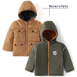 Babyhug Woven Full Sleeves Front Open Padded Hooded Reversible Jacket With Solid Colour - Brown-picture-14