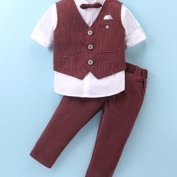 Jash Kids Cotton Woven Ribbed Full Sleeves 3 Piece Party Suit - Maroon-image-88