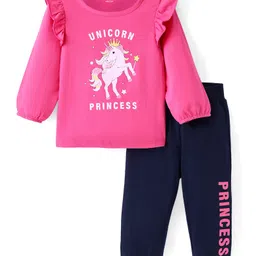 Doodle Poodle Cotton Knit Full Sleeves Top & Lounge Pant Set with Unicorn Print & Frill Detailing - Raspberry Sorbet Pink & Blue-picture-28