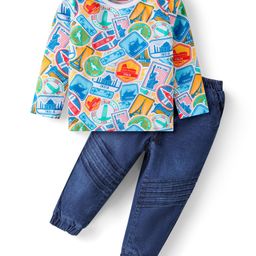 Babyhug Single Jersey Knit Full Sleeves Voyage Print T-Shirt & Jeans Set - Blue-picture-12