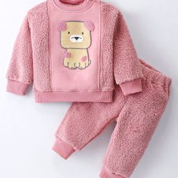 Little Kangaroos Fur Woven Full Sleeves T-Shirt & Lounge Pants Set With Puppy Design - Flamingo Pink-image-92