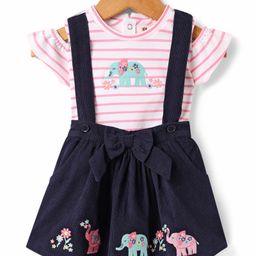 ToffyHouse Cotton Knit Half Cold Shoulder Sleeves Striped Top & Skirt Set with Elephant Embroidery & Bow Applique - Navy Blue-picture-22