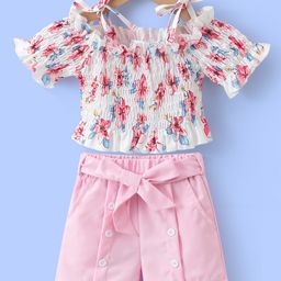 Mark & Mia Half Sleeves Top & Shorts Set with Floral Print & Smock Detailing - Pink-image-1