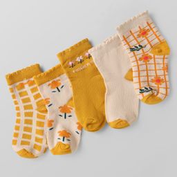 Doodle Poodle Cotton Knit Ankle Length Socks with Floral Print Pack of 5 - Dark Yellow-image-43