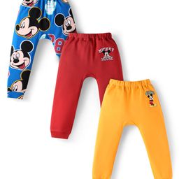Babyhug Disney Interlock Knit Diaper Leggings with The Mickey Mouse Graphics Pack of 3- Yellow Red & Blue-image-12