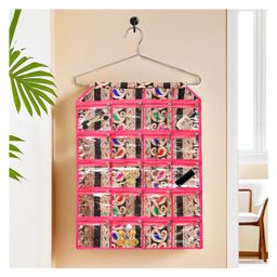 Kuber Industries Hanging Organizer | Wall Makeup Hanger | Storage Organizer | Hanger for Socks-Belt And Ties | Hanging Jewellery Organizer | 19 Clear PVC Pockets | Carry Jama | Pink-image-22