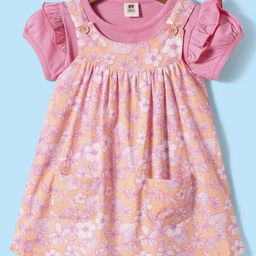 ToffyHouse Cotton Woven Floral Printed Frock with Half Puffed Sleeves Inner Tee - Pink-image-69