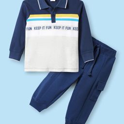 Babyhug Terry Knit Full Sleeves Cut & Sew Polo T-Shirt & Lounge Pant Set with Text Print - Navy Blue-image-29