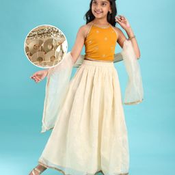 Pine Kids Woven Sleeveless Embroidered Lehenga Choli & Dupatta Set with Sequin & Lace Detailing - Off White & Mustard-image-92
