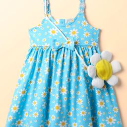 Babyhug Single Jersey Knit Sleeveless Floral Printed Frock with Sling Bag & Bow Applique - Light Blue-image-1