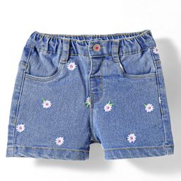 Babyhug Denim Mid Thigh Shorts With Floral Embroidery & Stretch- Blue-image-74