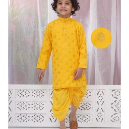 Little Bansi Cotton Full Sleeves Floral Foil Motifs Printed Kurta Dhoti Set - Haldi Yellow-image-97