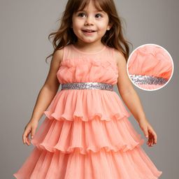 Babyhug Woven Sleeveless Ruffled Party Dress With Sequins - Peach-image-98