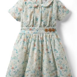 melon Cotton Woven Half Sleeves Peter Pan Collar Frock With Floral Print - Aqua Blue-image-59