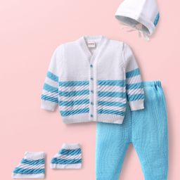 Babyhug Knitted Full Sleeves Striped Front Open Sweater Set with Booties & Cap - Light Blue & White-2