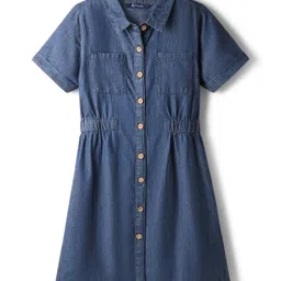 Pine Kids Cotton Woven Half Sleeves Collar Neck Shirt Style Solid Dress with Cinched Waist - Mid Blue-picture-12