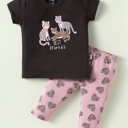 CUCUMBER Cotton Knit Half Sleeves Night Suit with Animal Print - Charcoal Grey & Pink-image-52