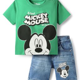 Babyhug Disney Single Jersey Knit Half Drop Shoulder Sleeves T-Shirt & Denim Shorts Set with Mickey Mouse Graphics - Mint & Blue-image-95