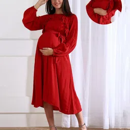 Shades of Sabi Moss Crepe Full Puffed Sleeves Frill Detailed Maternity Dress With Nursing Access - Red-picture-23