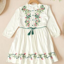 Bella Moda Cotton Three Fourth Puffed Sleeves Floral Embroidered Dress - White-image-61