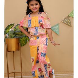 AJ Dezines Cotton Woven Cold Shoulder Sleeves Floral Printed Top & Coordinating Flared Pant Set - Multi Colour-image-96