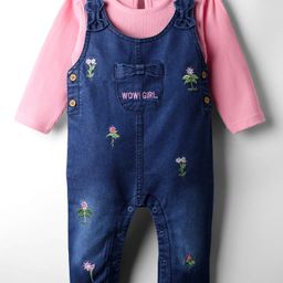 WOW Clothes Cotton Knit Dungarees with Full Sleeves Inner Tee & Floral Embroidery - Pink-image-85