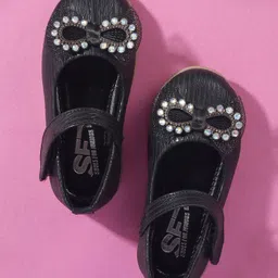 SHOES FOR JUNIORS Bow Applique Detailed & Rhinestones Embellished With Velcro Closure Mary Jane Ballerinas - Black-picture-15