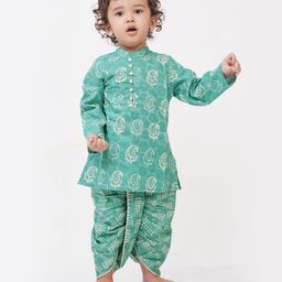 Campana 100% Cotton Woven Full Sleeves Block Printed Dhoti Kurta Set - Turquoise Blue-picture-5