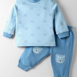 Zero Interlock Knit Full Sleeves T-Shirt & Lounge Pant Set with Tiger Print & Patch Detailing - Light Blue-picture-33