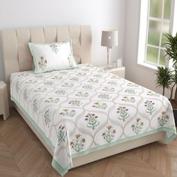Texstylers White Floral Printed 210 TC Pure Cotton Single Bedsheet Set- 1.52 m X 2.29 m-picture-14