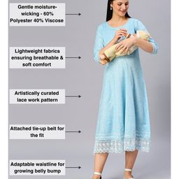 Dummy Shape Three Fourth Sleeves Textured Lace Work Detailed Flared Maternity Kurta With Concealed Zipper Nursing Access - Sky Blue image 3