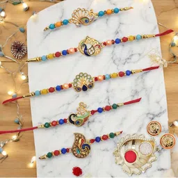 MEIRA JEWELLERY Set Of 5 Stone-Studded & Beaded Rakhi With Greeting Card Gift Set-picture-2
