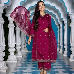 Royal Export Floral Embroidered Sequinned Kurta with Palazzo & Dupatta-image-88