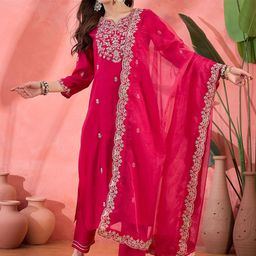 Sangria Sequins Embroidered Straight Kurta Trousers With Dupatta-picture-28