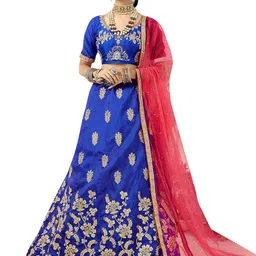 MANVAA Blue & Pink Embroidered Thread Work Semi-Stitched Lehenga & Unstitched Blouse With Dupatta-image-19