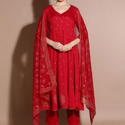 Anouk Floral Printed Regular Thread Work Anarkali Kurta with Trousers & With Dupatta-image-35