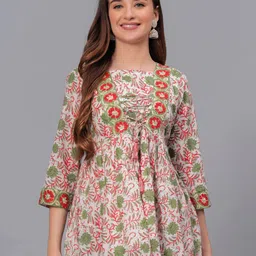 KALINI Women Floral Print Cotton Cinched Waist Longline Top-image-14