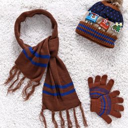 Babyhug Woollen Cap Mittens & Muffler Set Train Patch Brown  - Diameter 13 cm-picture-12