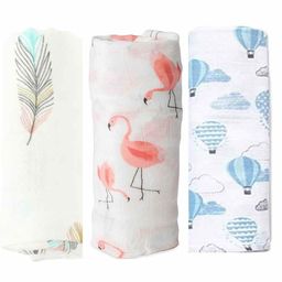 Elementary Organic Cotton Muslin Swaddle Wrapper Flamingo Feather & Hot Air Balloon Print Set of 3  - Pink & Blue-20