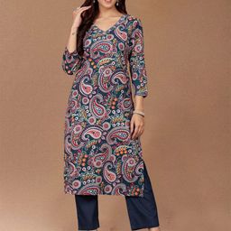 Varanga Paisley Printed V-Neck Screen Print Cotton Straight Kurta-image-86