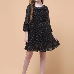 Charitra Women Polka Dot Off-Shoulder Bishop Sleeve Georgette A-Line Dress-image-30