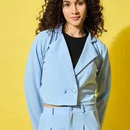 DIMPY GARMENTS Notched Lapel Double-Breasted Crop Blazer-12