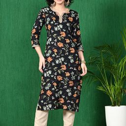 Sangria Floral Printed Notch Neck Pure Cotton Straight Kurta-picture-34