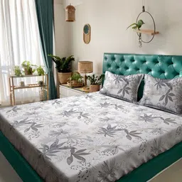 Arrabi Grey & White Floral 300 TC King Bedsheet with 2 Pillow Covers-57