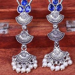 OPUS GEMS Artificial Stones Studded And Beaded Oxidised Contemporary Drop Earrings-image-13